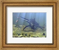 A massive Shonisaurus attempts to make a meal of a school of squid-like Belemnites Fine Art Print