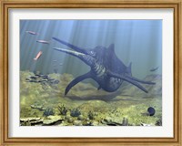 A massive Shonisaurus attempts to make a meal of a school of squid-like Belemnites Fine Art Print
