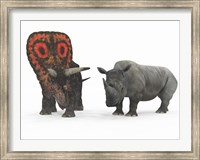 An adult Torosaurus compared to a modern adult White Rhinoceros Fine Art Print
