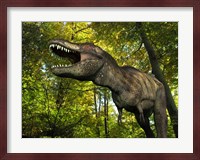 A Tyrannosaurus wanders a Cretaceous forest Fine Art Print