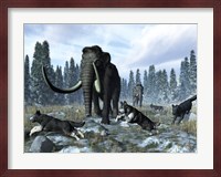 A pack of dire wolves crosses paths with two mammoths during the Upper Pleistocene Epoch Fine Art Print