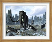 A pack of dire wolves crosses paths with two mammoths during the Upper Pleistocene Epoch Fine Art Print