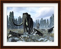 A pack of dire wolves crosses paths with two mammoths during the Upper Pleistocene Epoch Fine Art Print