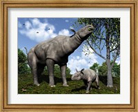 A Paraceratherium mother grazes on leaves and twigs of a poplar tree Fine Art Print