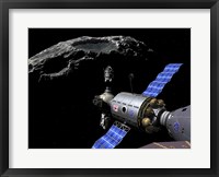A Manned Maneuvering Vehicle undocks and prepares to descend to the surface of a small asteroid Fine Art Print