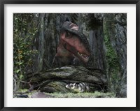 A rat-sized Purgatorius hides from a Bistahieversor dinosaur in a cretaceous forest Fine Art Print