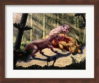 Biarmosuchus predators eating the flesh of a Estemmenosuchus Fine Art Print