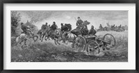 Vintage Civil War print of a team of horses pulling a cannon into battle Fine Art Print