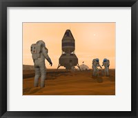 Illustration of Astronauts Setting up a Base on the Martian Surface around their Lander Vehicle Fine Art Print