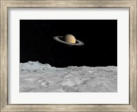 Artist's concept of Saturn as seen from the Surface of its Moon Lapetus Fine Art Print
