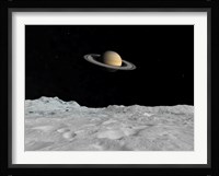 Artist's concept of Saturn as seen from the Surface of its Moon Lapetus Fine Art Print