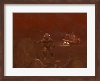 Illustration of Astronauts Exploring the Surface of Saturn's Moon Titan During a Blizzard Fine Art Print