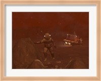 Illustration of Astronauts Exploring the Surface of Saturn's Moon Titan During a Blizzard Fine Art Print