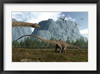 Diplodocus Dinosaurs Graze While Pterodactyls Fly Overhead Fine Art Print