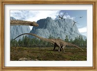 Diplodocus Dinosaurs Graze While Pterodactyls Fly Overhead Fine Art Print