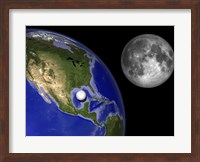 Illustration of Enceladus in front of the Earth and next to Earth's moon Fine Art Print