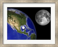 Illustration of Enceladus in front of the Earth and next to Earth's moon Fine Art Print