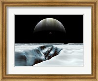 A Crescent Jupiter and Volcanic Satellite, Io, Hover over the Horizon of the Icy Moon of Europa Fine Art Print