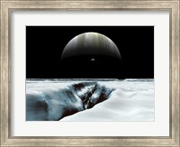 A Crescent Jupiter and Volcanic Satellite, Io, Hover over the Horizon of the Icy Moon of Europa Fine Art Print