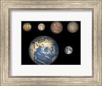 Artist's Concept of Jupiter's Four largest Satellites laid out above the Earth and it's Moon Fine Art Print