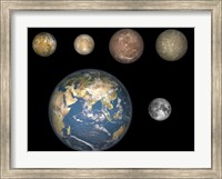 Artist's Concept of Jupiter's Four largest Satellites laid out above the Earth and it's Moon Fine Art Print