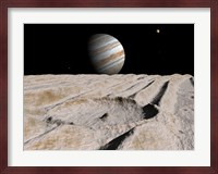 Artist's Concept of an Impact Crater on Jupiter's Moon Ganymede, with Jupiter on the Horizon Fine Art Print