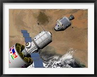 A Command Module Prepares to Dock with a Phobos Mission Rocket in Earth Orbit Fine Art Print