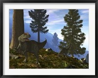 A Pair of Allosaurus Search for a Meal along a Mountainside Forest Fine Art Print