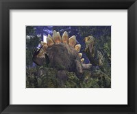 An Allosaurus Stumbles upon a Grazing Stegosaurus Fine Art Print