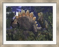 An Allosaurus Stumbles upon a Grazing Stegosaurus Fine Art Print