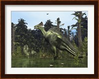 A Lambeosaurus Rears onto its Hind Legs in Response to a Threat Fine Art Print