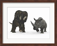 An Adult Nedoceratops Compared to a Modern Adult White Rhinoceros Fine Art Print