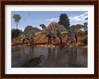 Ouranosaurus Drink at a Watering Hole while a Sarcosuchus Floats nearby Fine Art Print