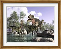 A Tyrannosaurus Rex Hunting two Gallimimus Dinosaurs in a River Fine Art Print