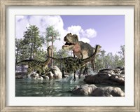 A Tyrannosaurus Rex Hunting two Gallimimus Dinosaurs in a River Fine Art Print