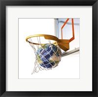 3D Rendering of Planet Earth Falling Into a Basketball Hoop Fine Art Print
