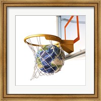 3D Rendering of Planet Earth Falling Into a Basketball Hoop Fine Art Print