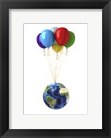 Planet Earth Lifted by a Bunch of Flying Multicolored Balloons Fine Art Print