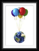 Planet Earth Lifted by a Bunch of Flying Multicolored Balloons Fine Art Print