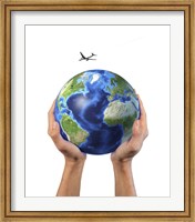 Man's Hands Holding the Planet Earth, with a Jet Aircraft Flying Above Fine Art Print