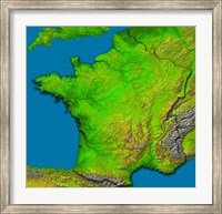 Topographic Image of France Showing Shaded Relief and Colored Height Fine Art Print