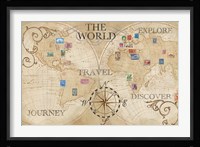 Old World Journey Map Stamps Cream Framed Print