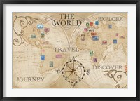 Old World Journey Map Stamps Cream Framed Print