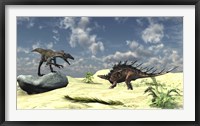 Utahraptor and a Kentrosaurus Framed Print