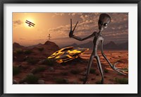 Grey Aliens at the Site of Their UFO crash Framed Print