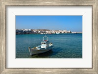 Mykonos, Greece Boat off the island with view of the city behind Fine Art Print