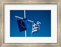 Greece, Mykonos, Hora harbor, Union and Greek Flags Fine Art Print