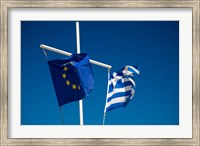 Greece, Mykonos, Hora harbor, Union and Greek Flags Fine Art Print