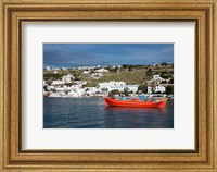 Greece, Cyclades, Mykonos, Hora Harbor view with Greek fishing boat Fine Art Print