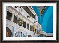 Greece, Cyclades, Mykonos, Hora Wall icons and oil lamps of a church Fine Art Print